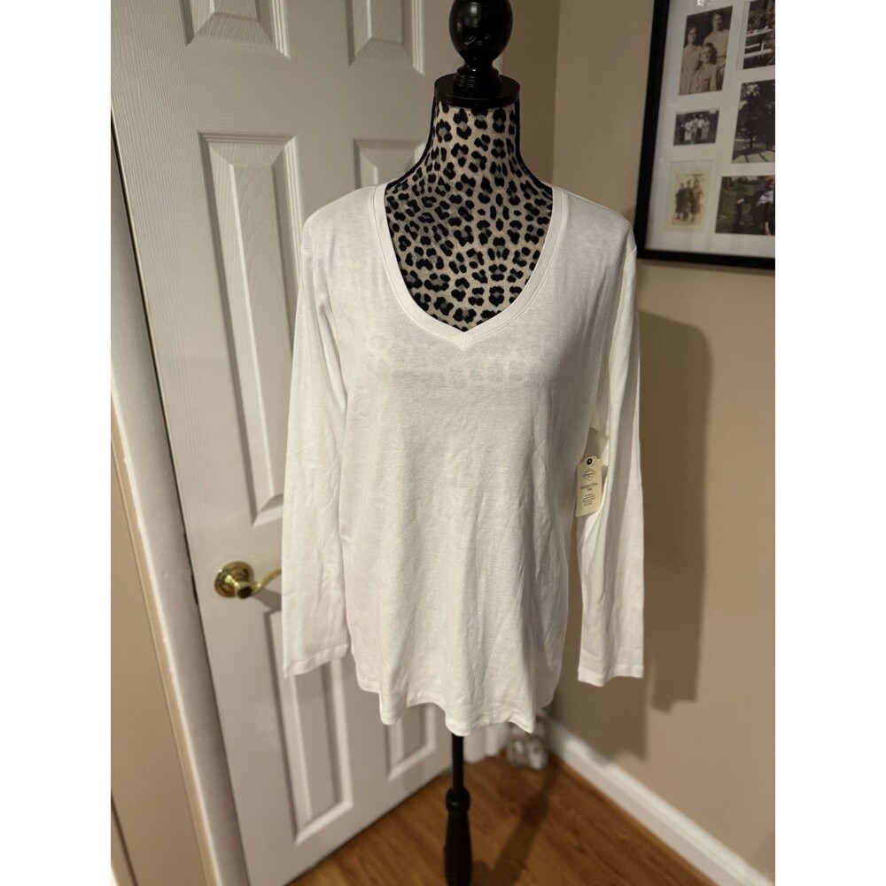 St. John's Bay Classic White Long Sleeve V-Neck T-shirt Cotton Tee Size XL NWT